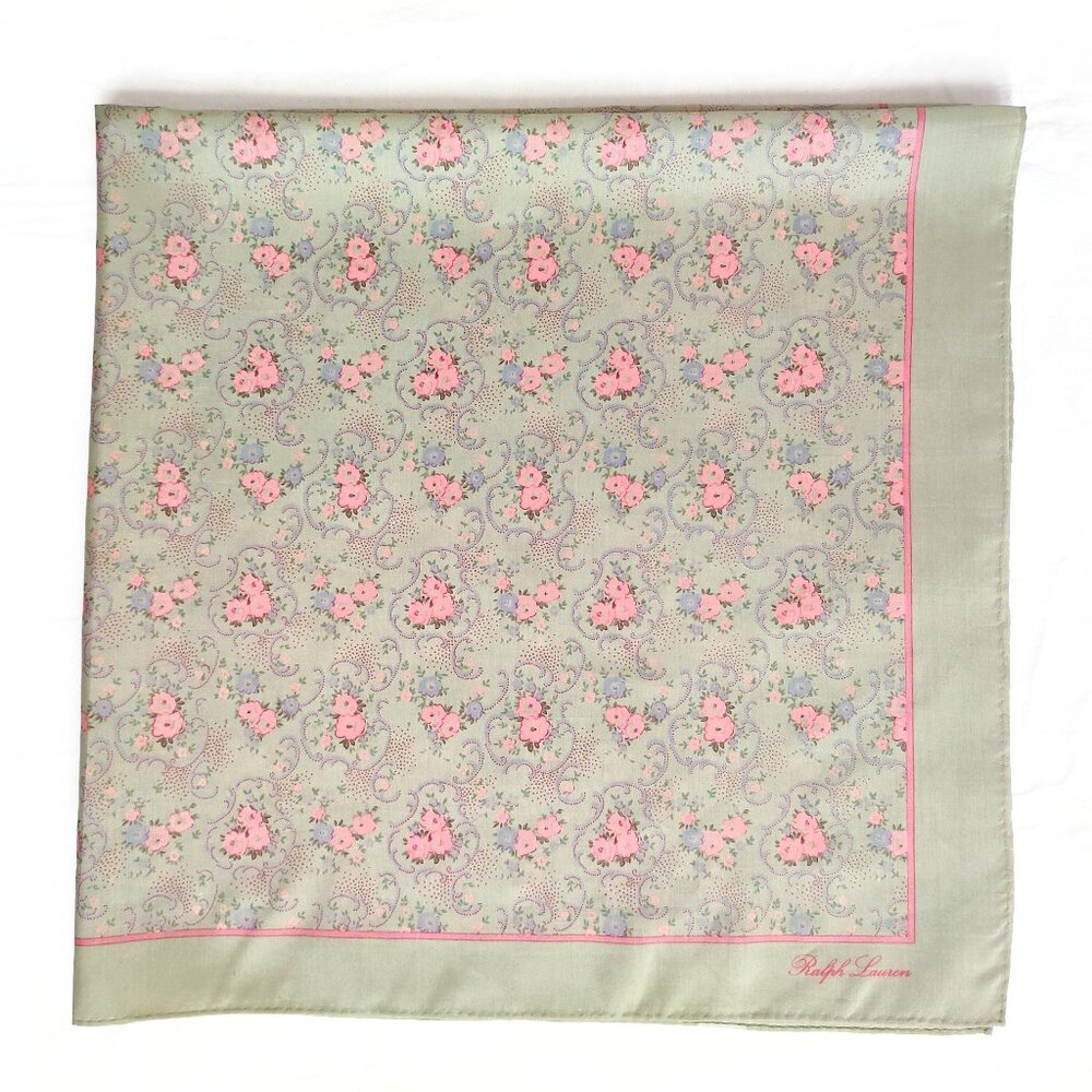 Ralph Lauren Silk Scarf Green & Pink Floral Baroque Print EUC